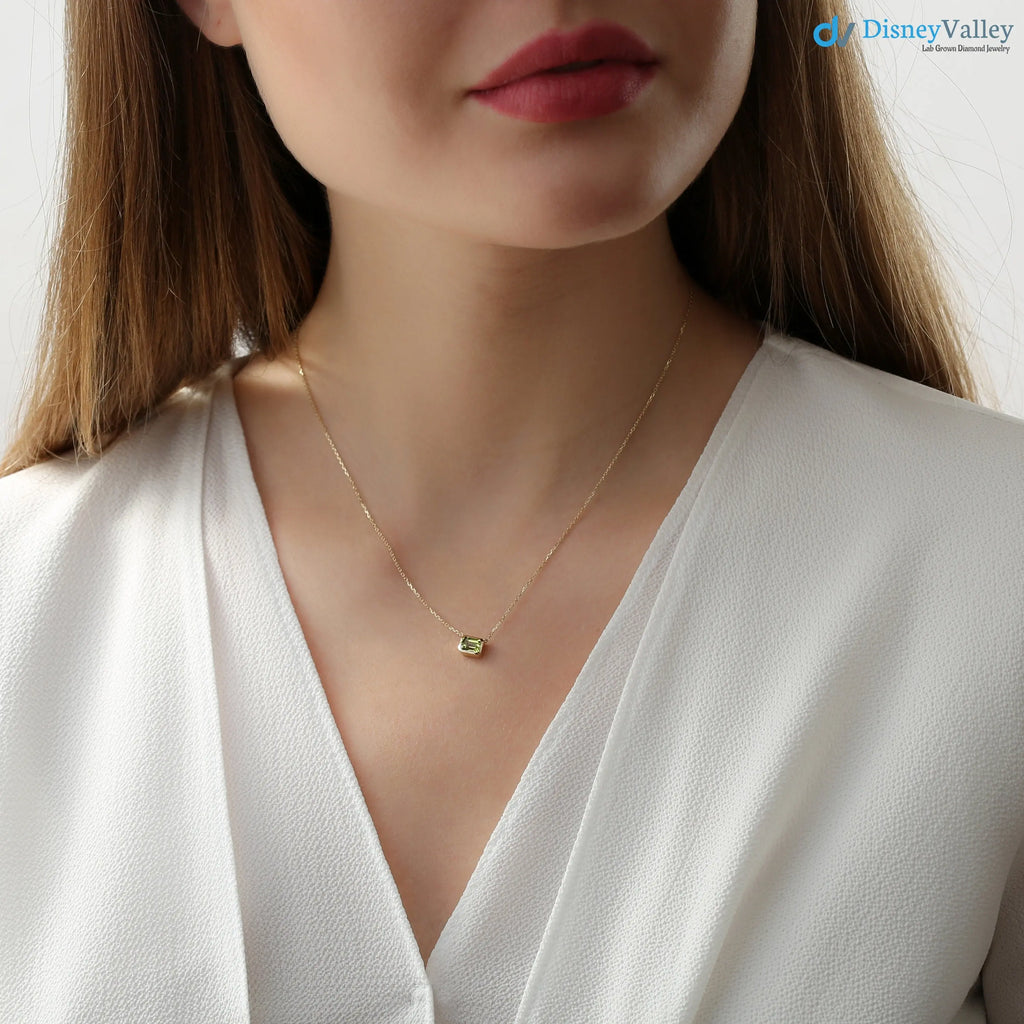 14k Gold Peridot Necklace, Octagon Peridot Stone, Birthstone Necklace DisneyValley