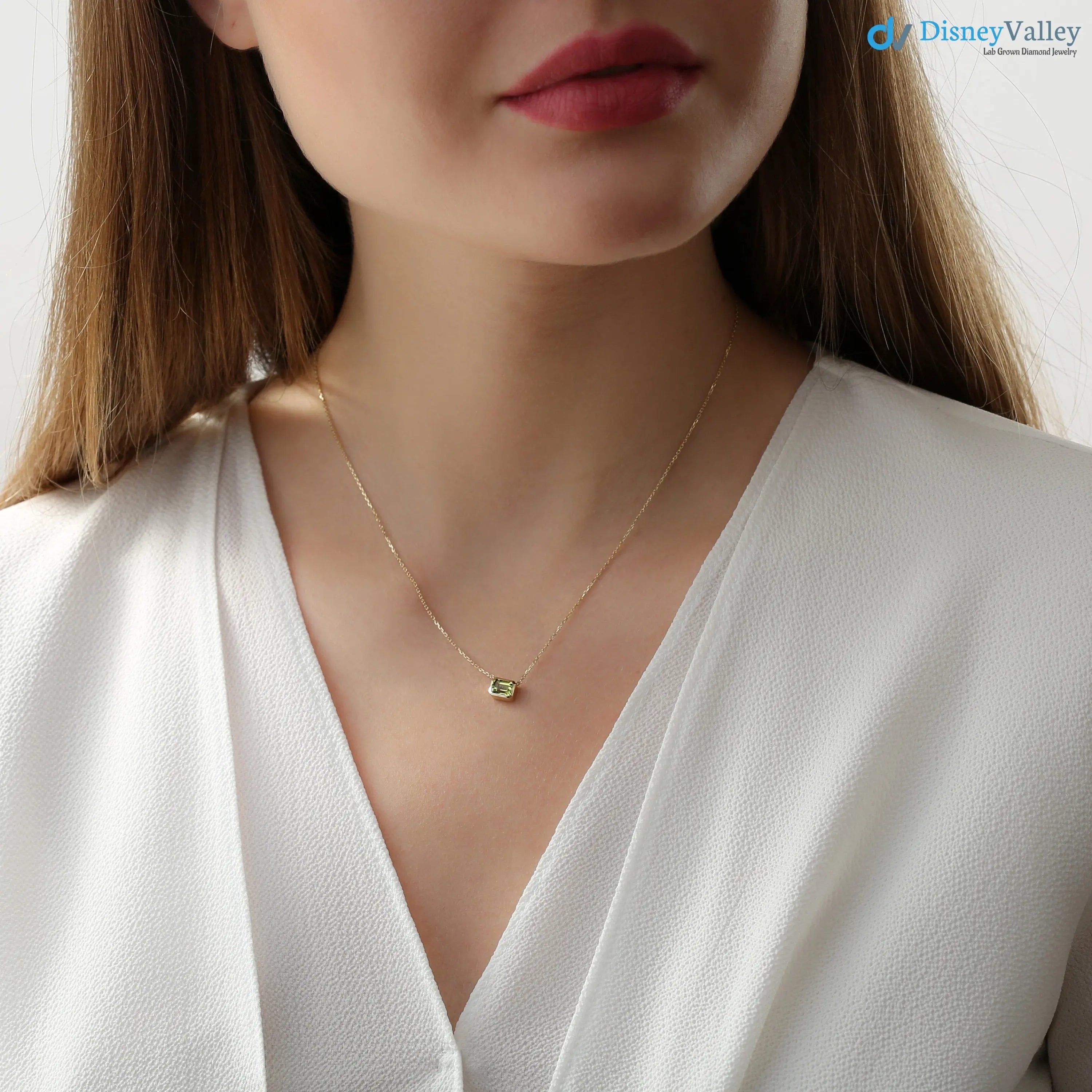 14k Gold Peridot Necklace, Octagon Peridot Stone, Birthstone Necklace DisneyValley
