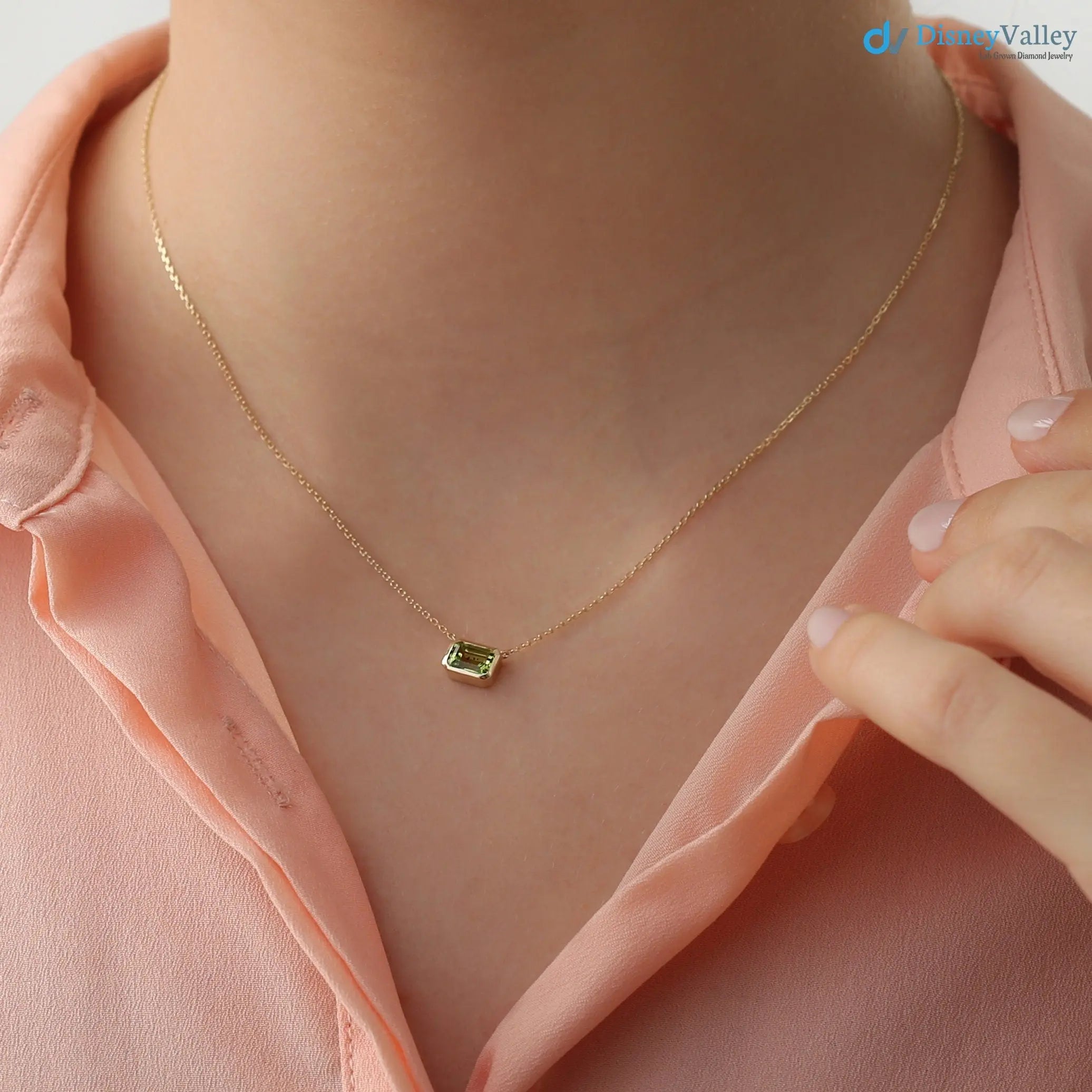 14k Gold Peridot Necklace, Octagon Peridot Stone, Birthstone Necklace DisneyValley