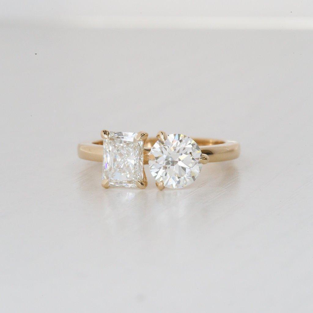 3.8 ct round and radiant cut moissanite engagement rings