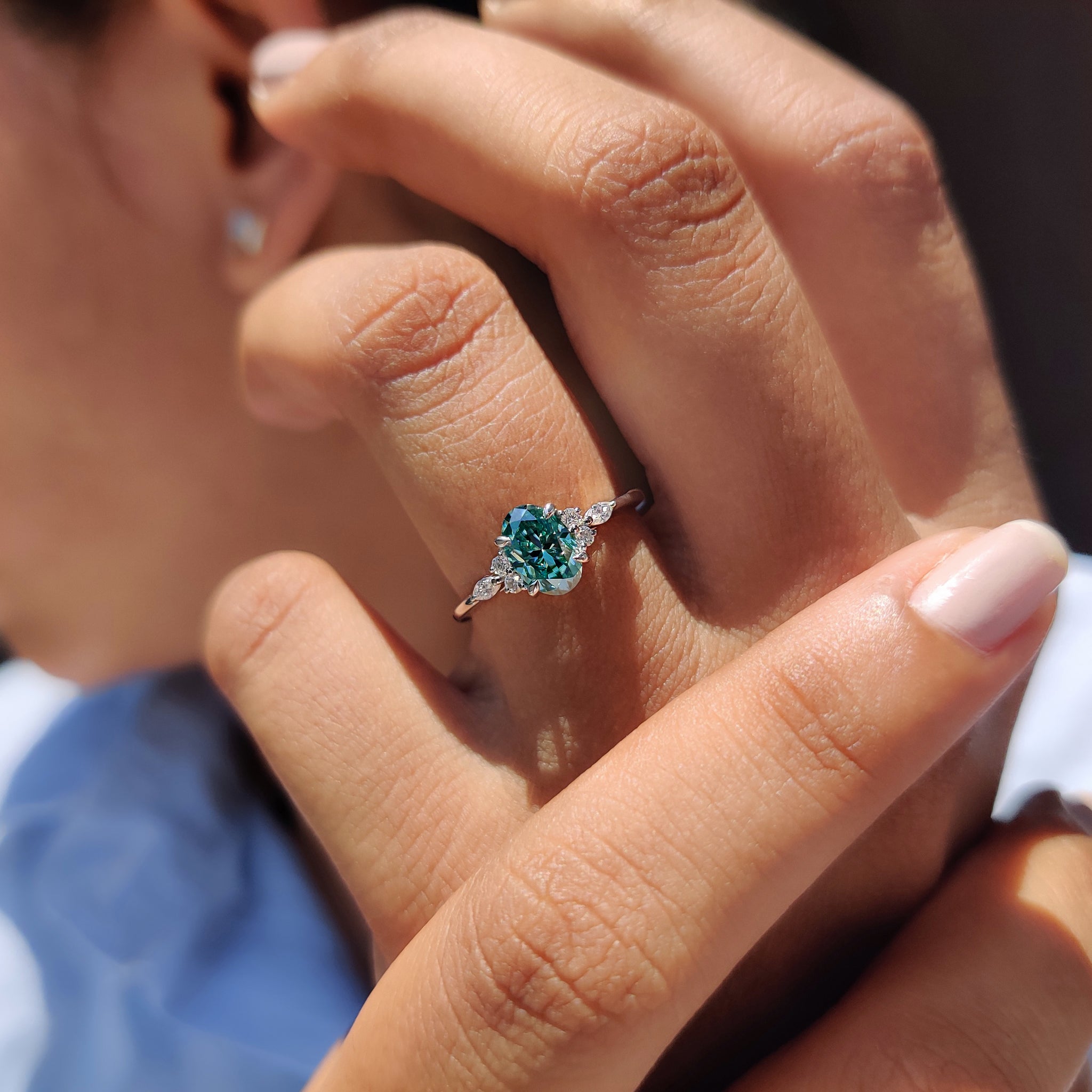 7 Stone Moissanite Ring With Oval Cyan Blue Moissanite