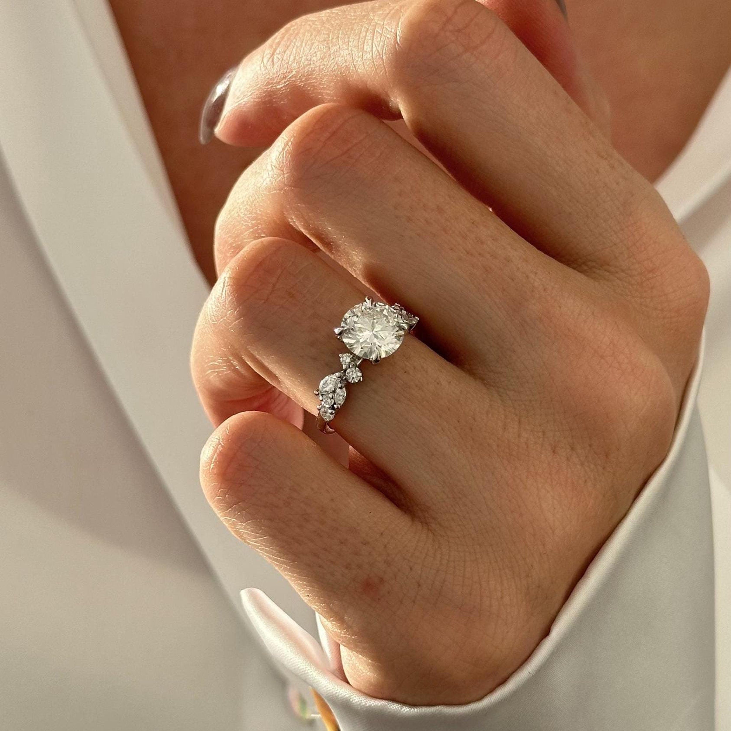2.0 CT Round Brilliant Cut Moissanite Cluster Style Engagement Ring
