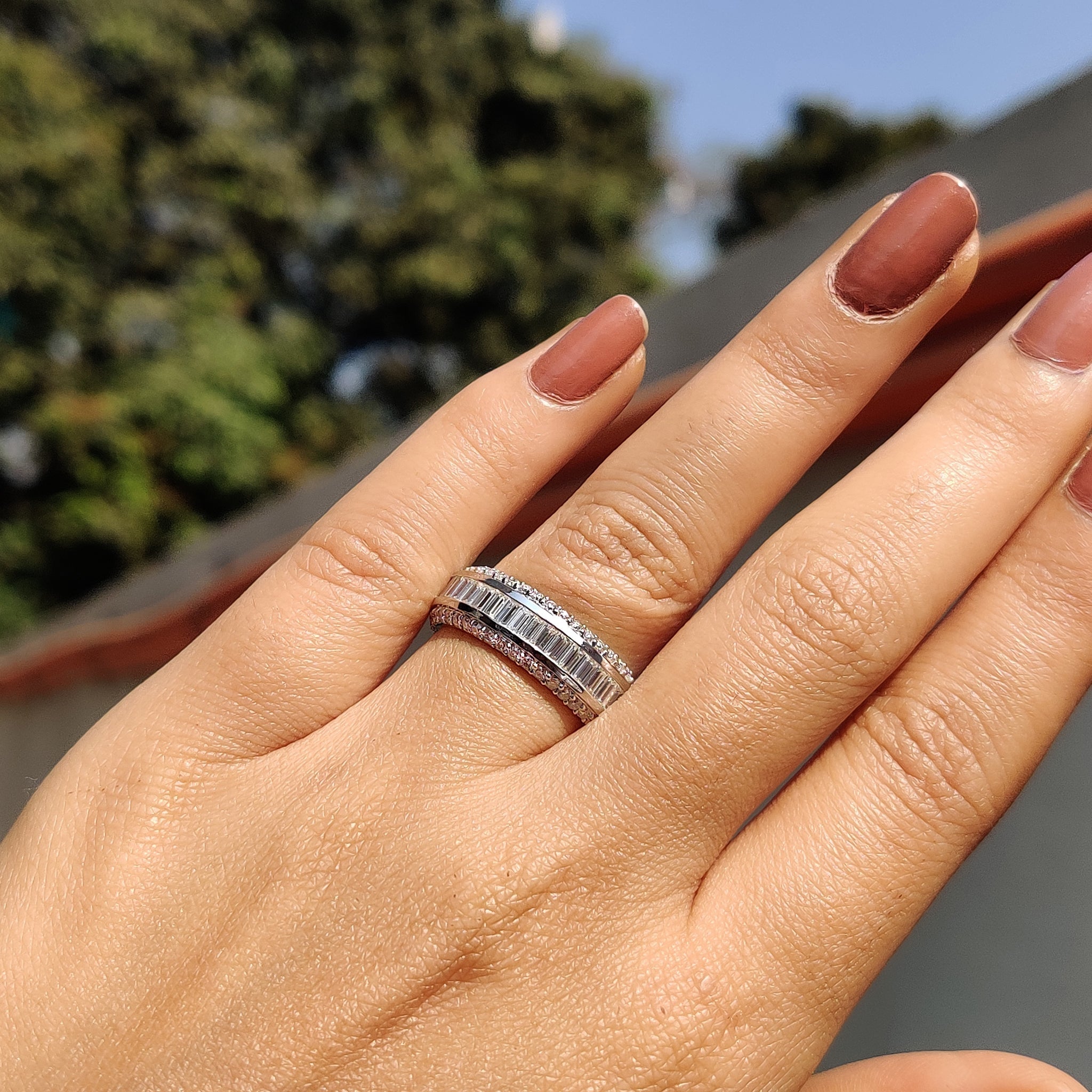 Baguette And Round Cut Wedding Band With Three Row Pave