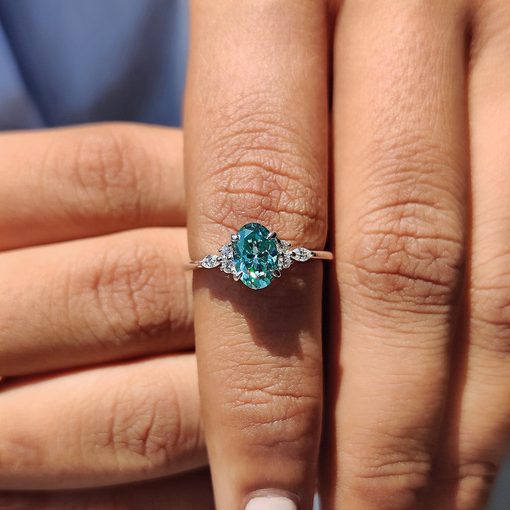 7 Stone Moissanite Ring With Oval Cyan Blue Moissanite