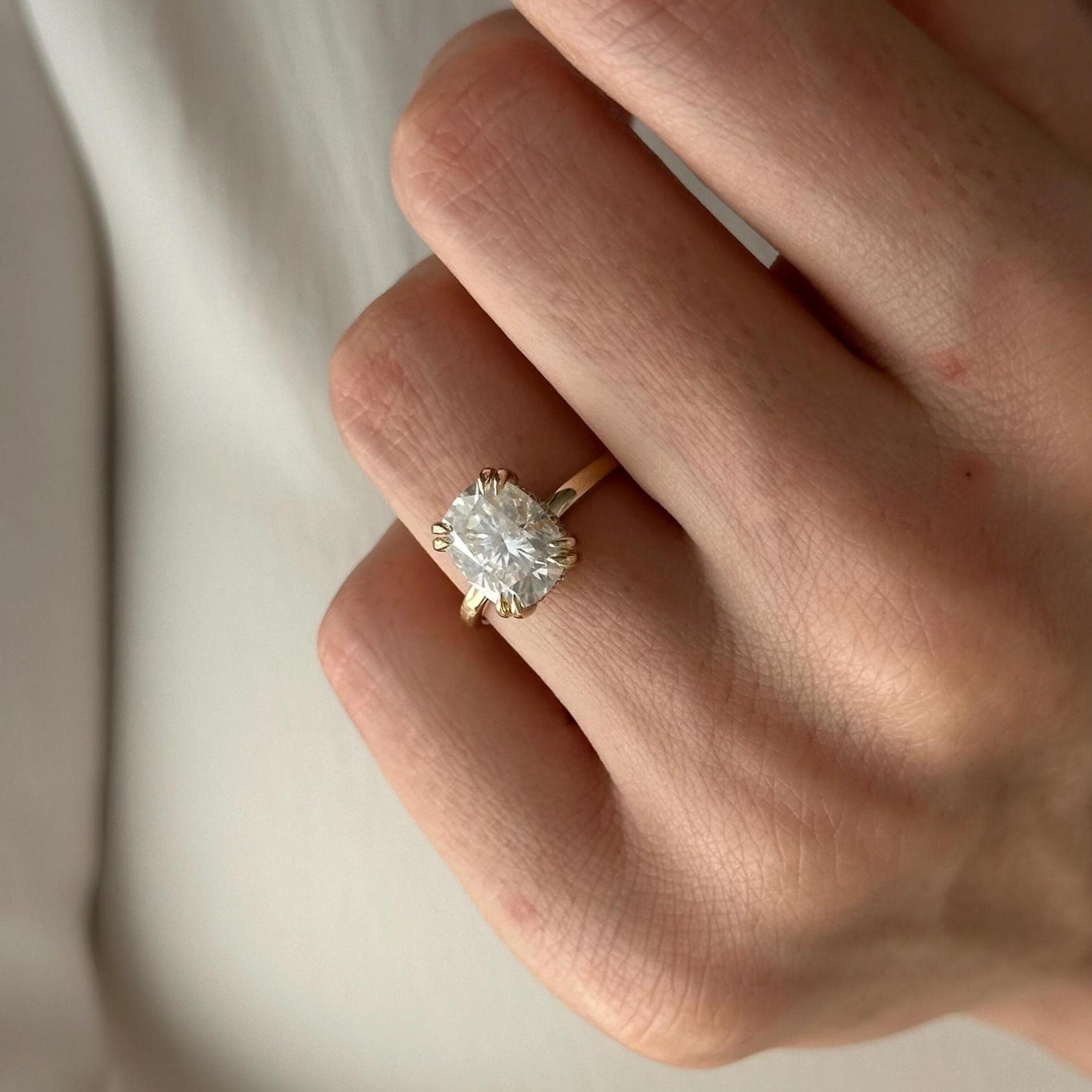 4.0 CT Cushion Cut Moissanite Hidden Halo Style Engagement Ring