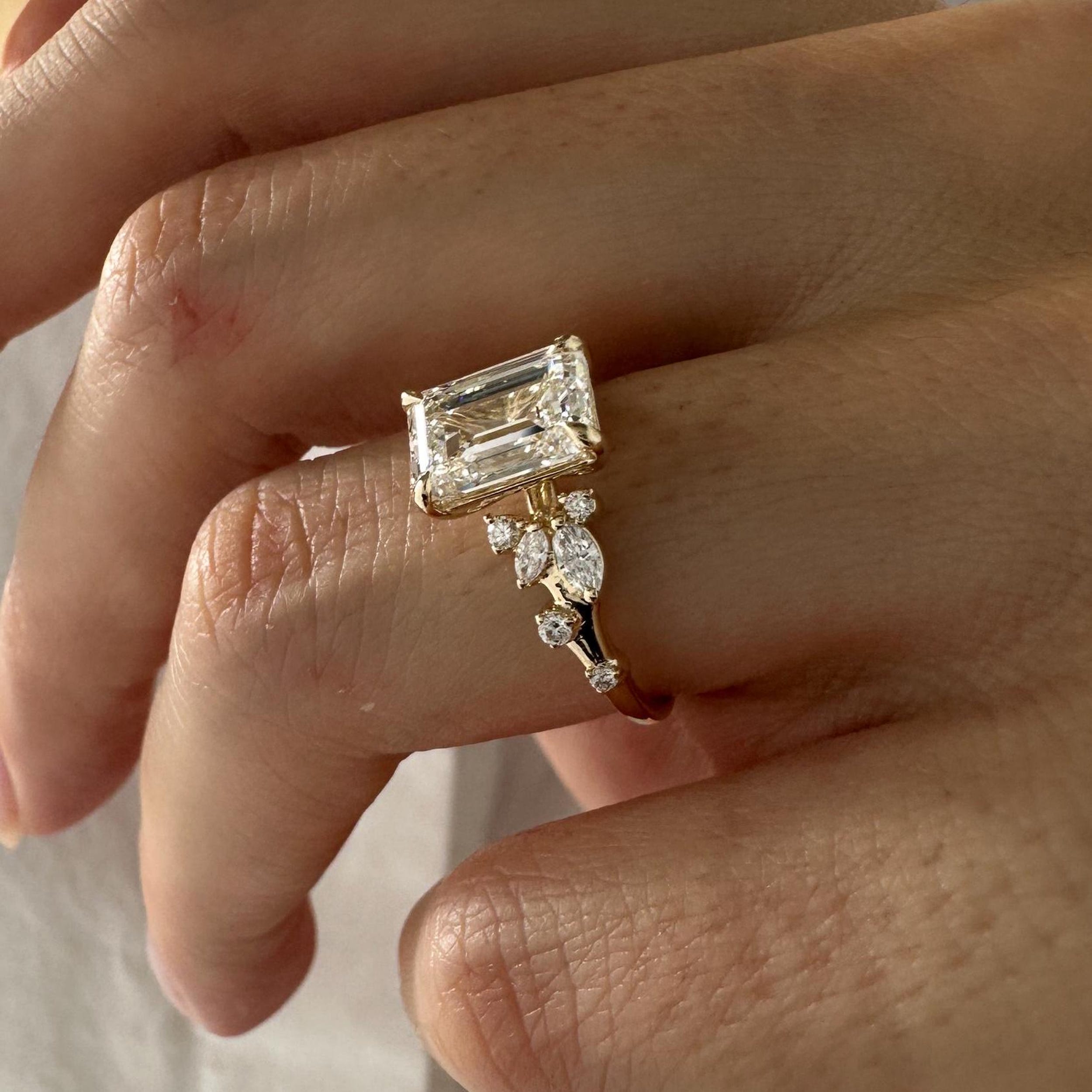 2.01 CT Emerald Cut Moissanite Cluster Style Engagement Ring