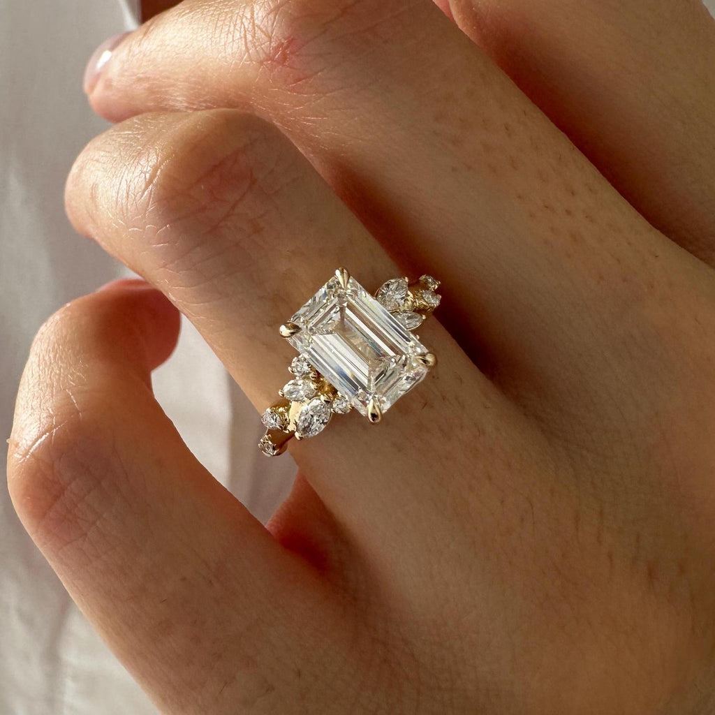 2.01 CT Emerald Cut Moissanite Cluster Style Engagement Ring