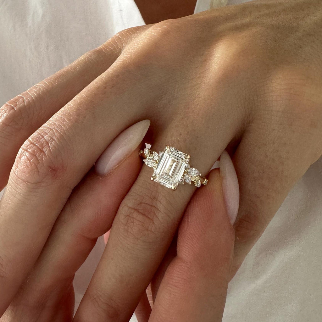 2.01 CT Emerald Cut Moissanite Cluster Style Engagement Ring