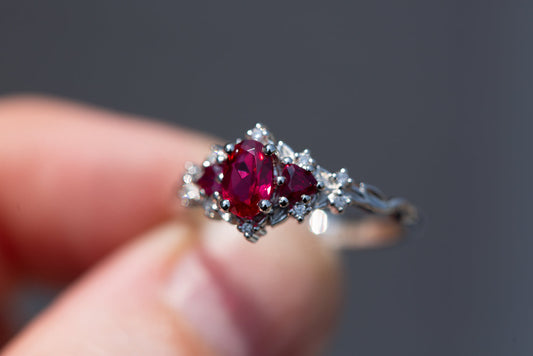 rose three stone with oval ruby diamond engagement rings | nature inspire