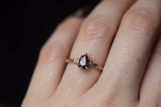 Pear alexandrite crescent moon leaf nature inspire ring | engagement rings