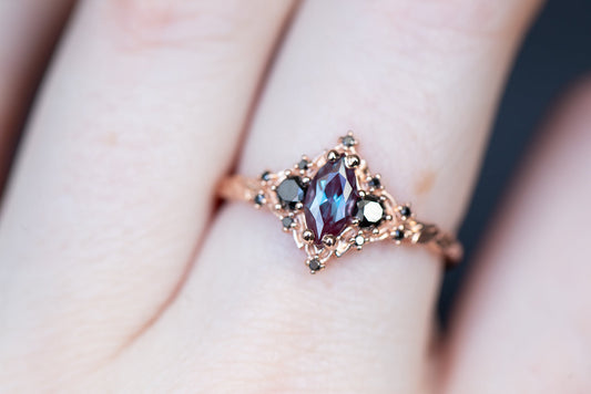 rose three stone marquise alexandrite and black diamonds engagement rings