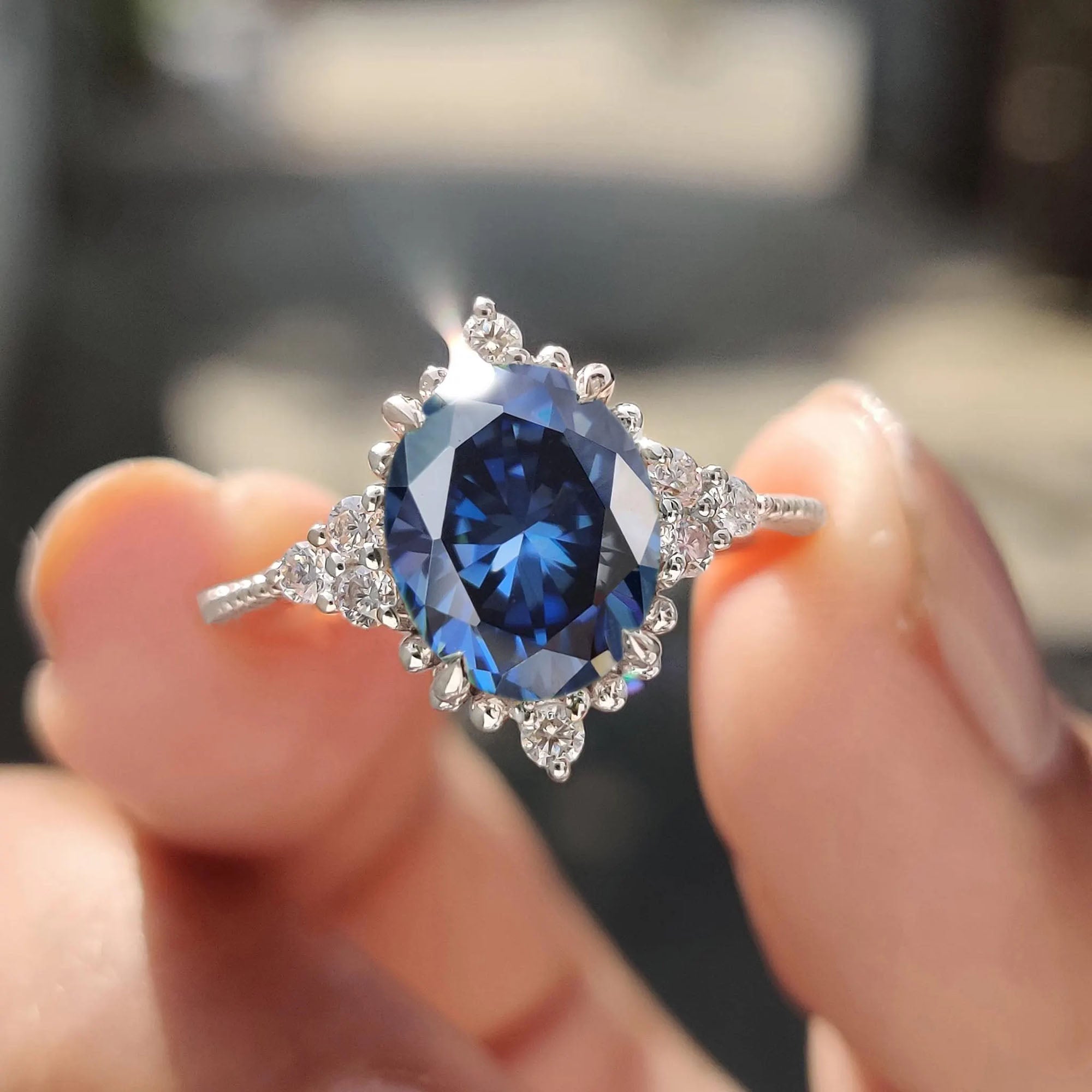 Royal Blue Oval Milgrain Engagement Ring Main image