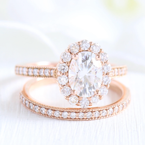 1.50CT Oval Cut Moissanite Halo Bridal Ring Set