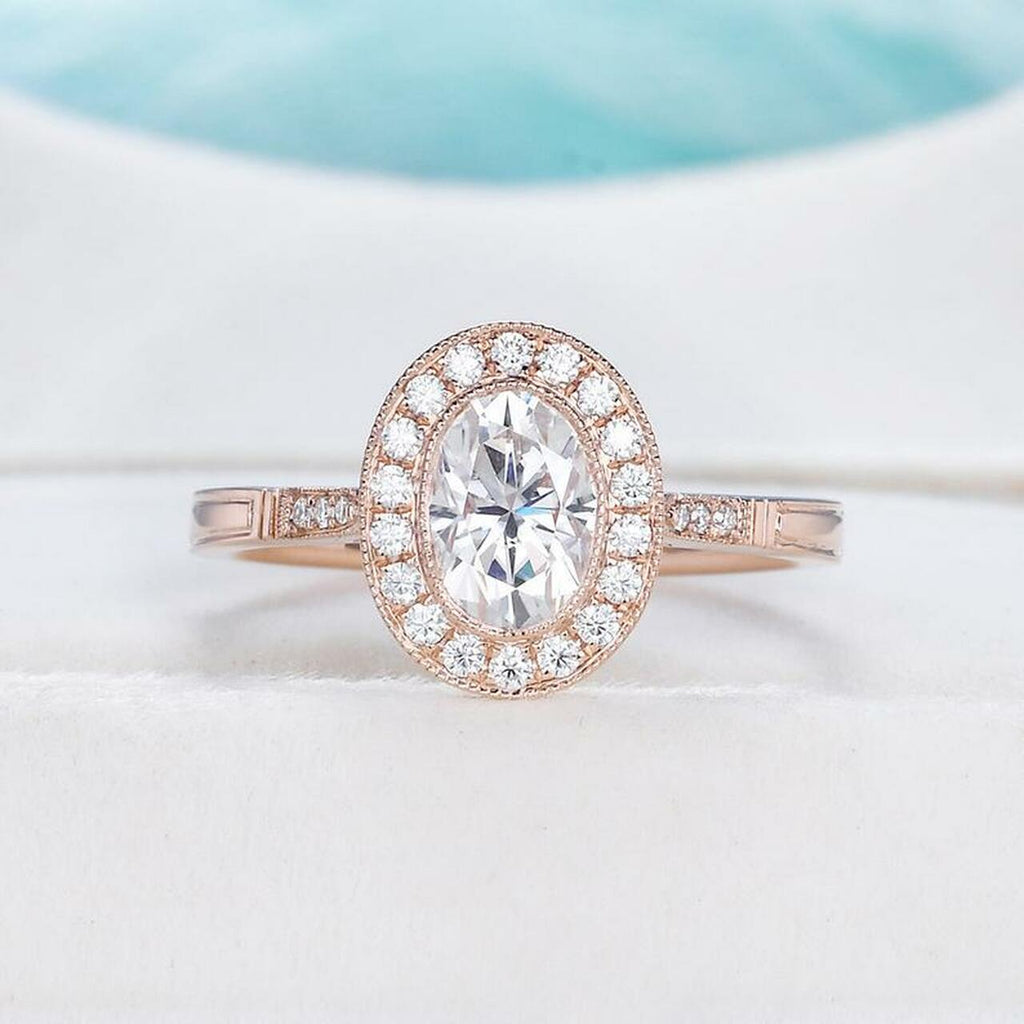 1.0CT Oval Cut Milgrain Halo Moissanite Engagement Ring