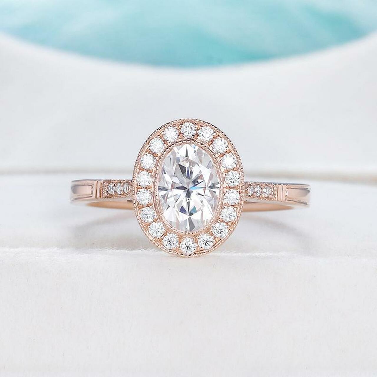 1.0CT Oval Cut Milgrain Halo Moissanite Engagement Ring