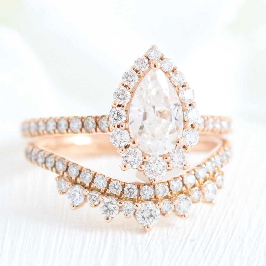1.0CT Pear Cut Moissanite Halo Bridal Ring Set