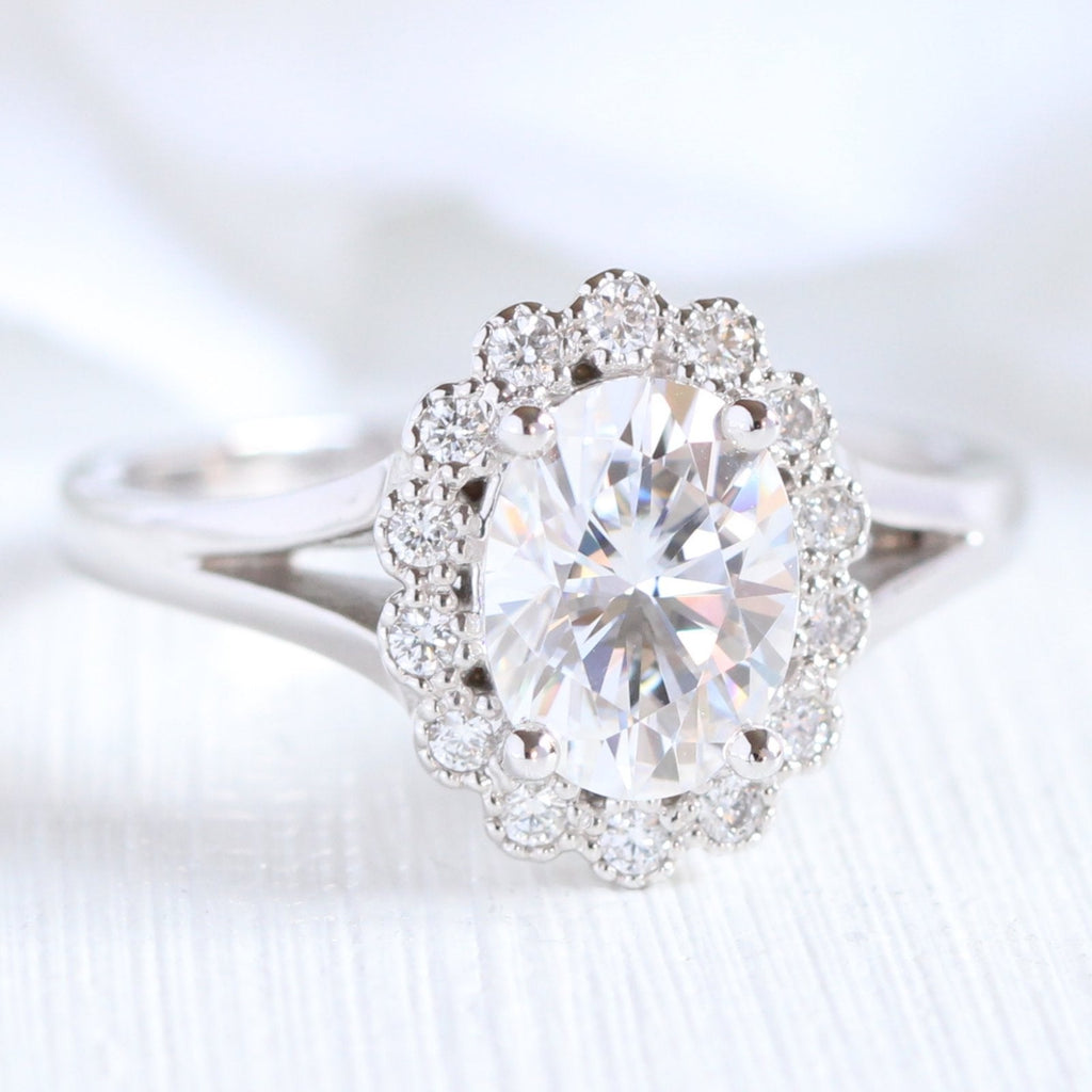 1.50 CT Oval Cut Moissanite Halo Split Shank Style Engagement Ring