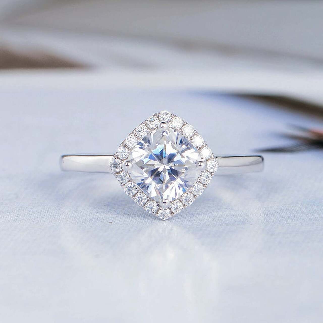 1.0CT Cushion Cut Halo Style Moissanite Diamond Engagement Ring