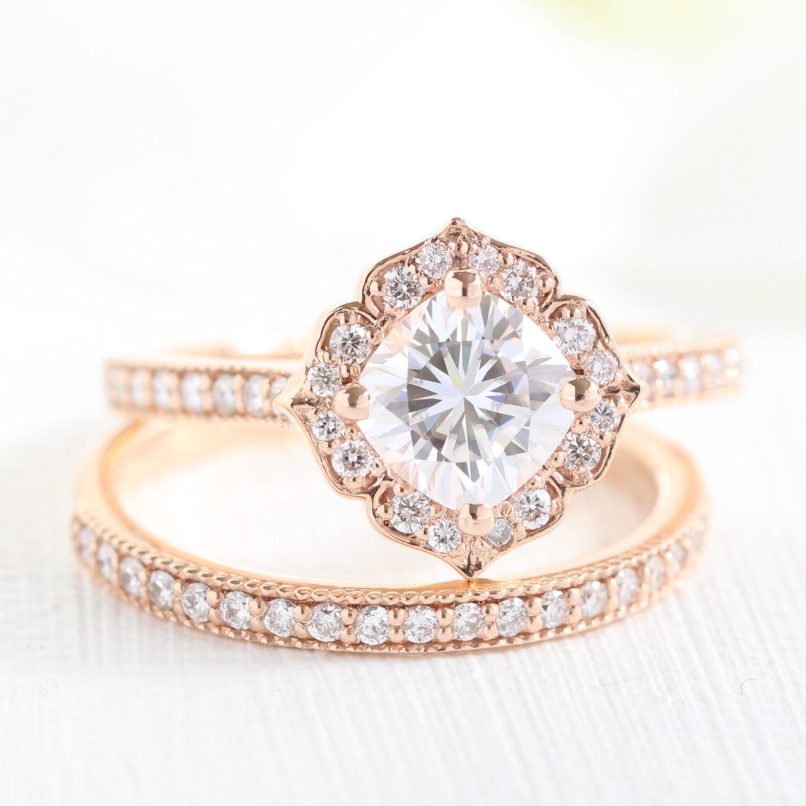 1.0CT Cushion Cut Moissanite Halo Bridal Ring Set