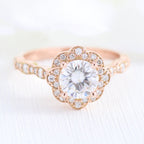 1.0 CT Vintage Floral Round Cut Diamond Moissanite Halo Engagement Ring