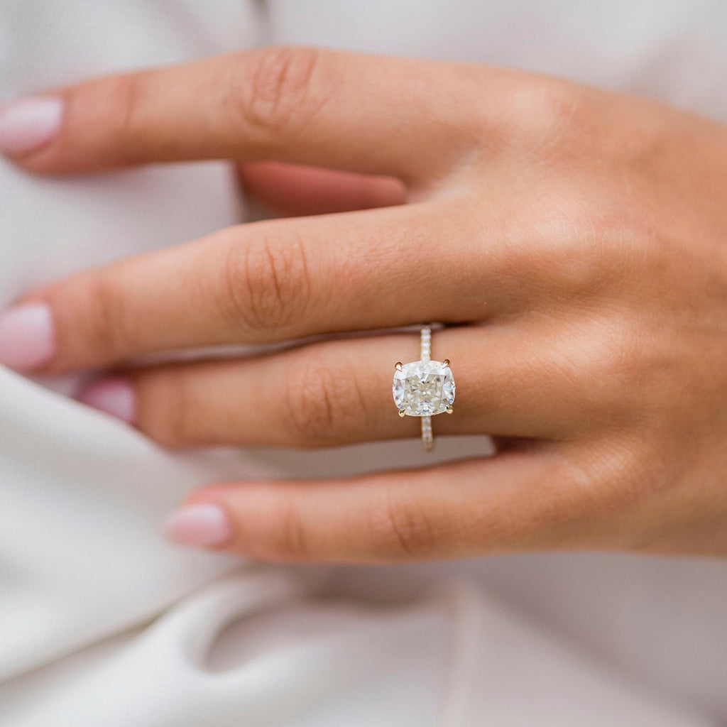 1.80 - 3.80 CT Cushion Cut Moissanite Hidden Halo Pave Setting Engagement Ring