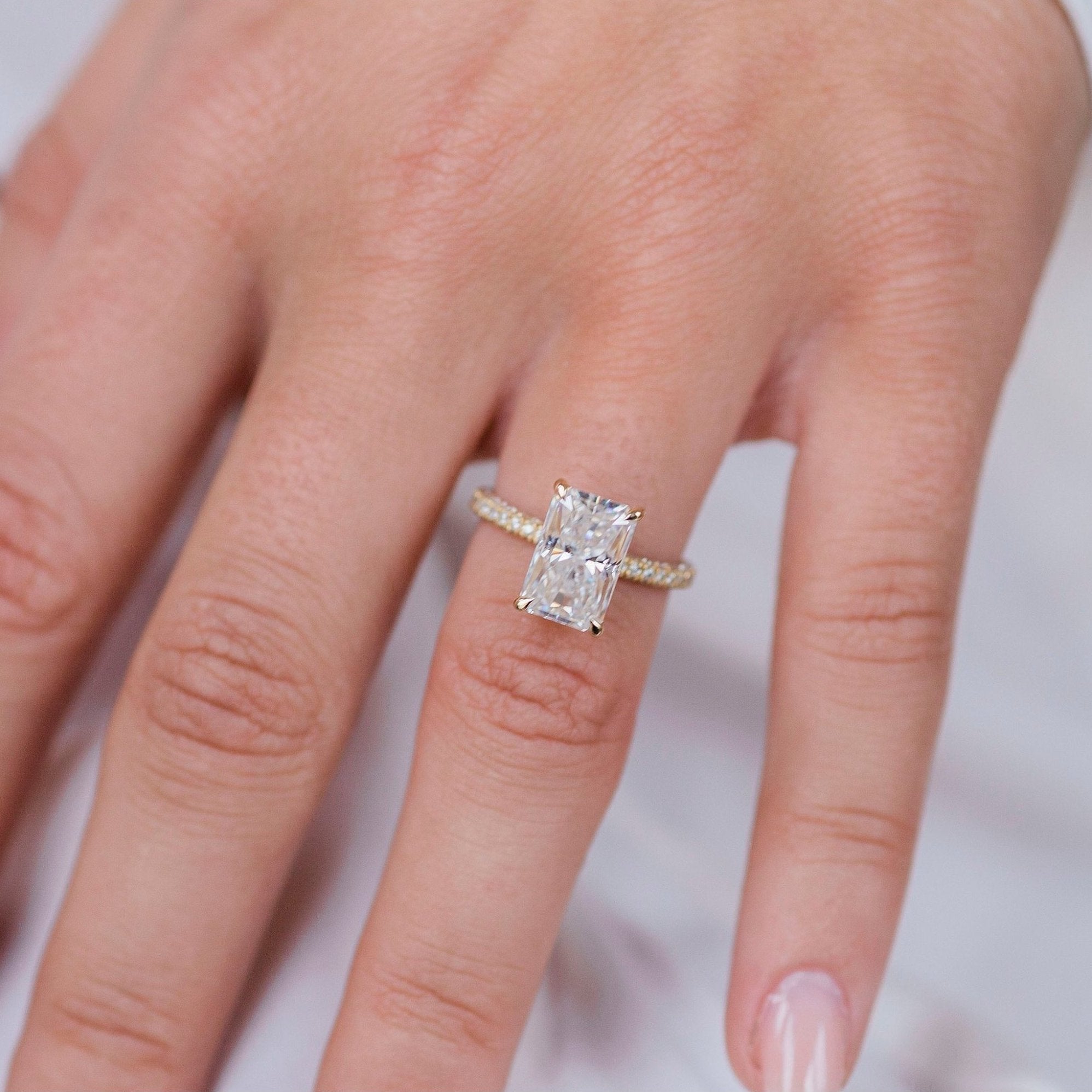 3.0 CT Radiant Moissanite Haidden Halo & Pave Setting Engagement Ring