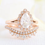 1.60CT Pear Cut Moissanite Halo Bridal Ring Set