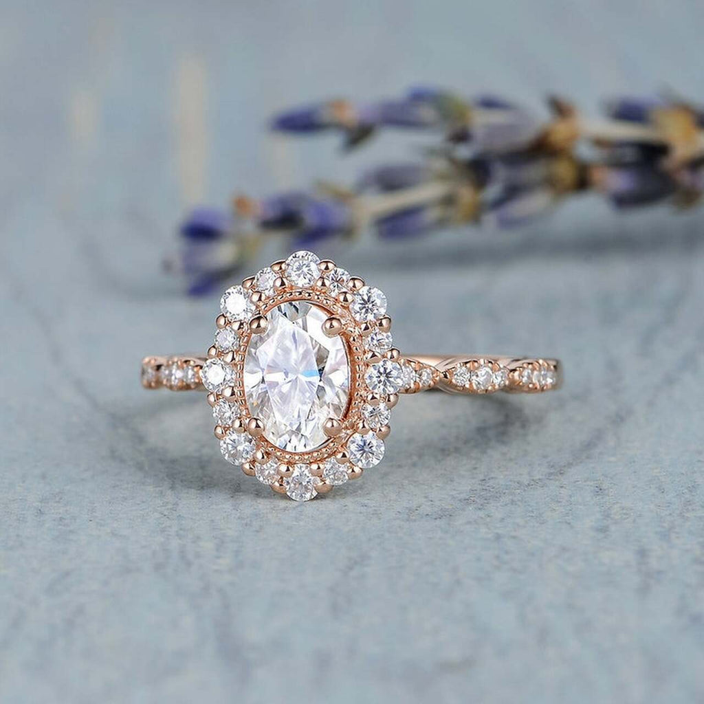 1.0 CT Oval Cut Halo Moissanite Diamond Engagement Ring