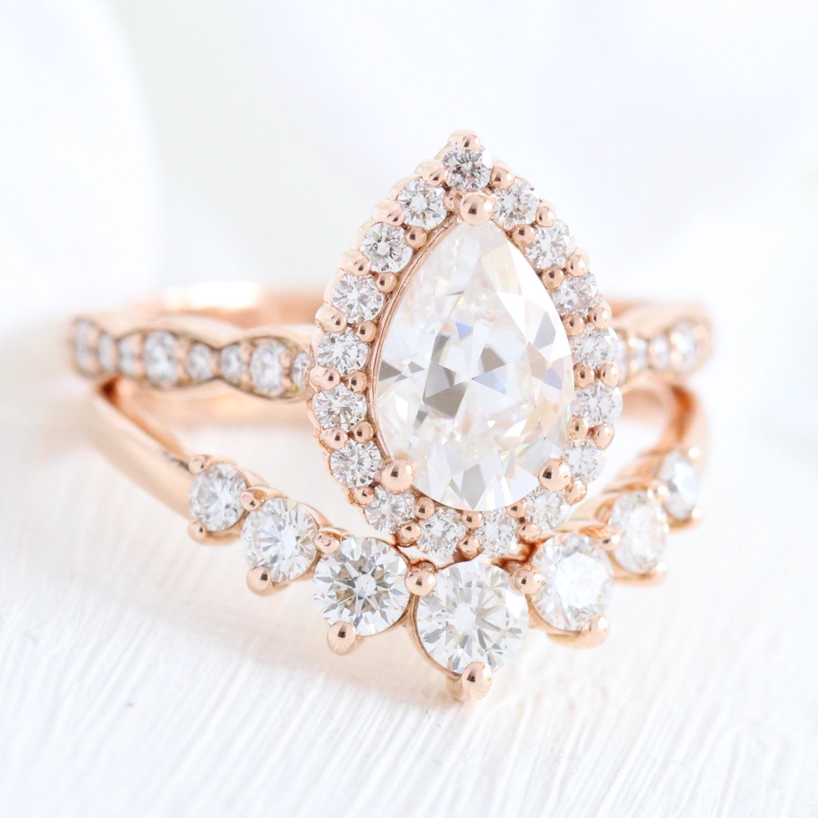 1.60 CT Pear Cut Moissanite Halo Bridal Ring Set