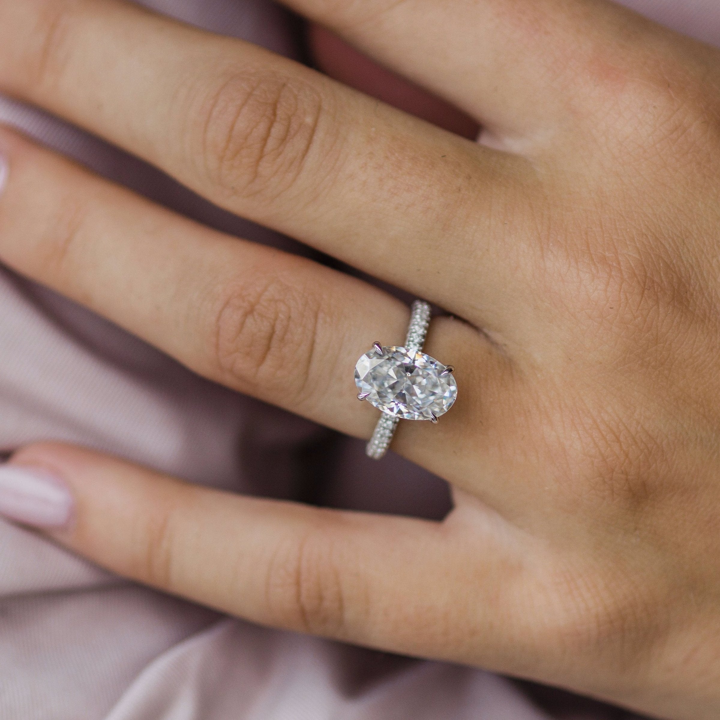 3.40 CT Oval Moissanite Hidden Halo Triple Pave Setting Engagement Ring
