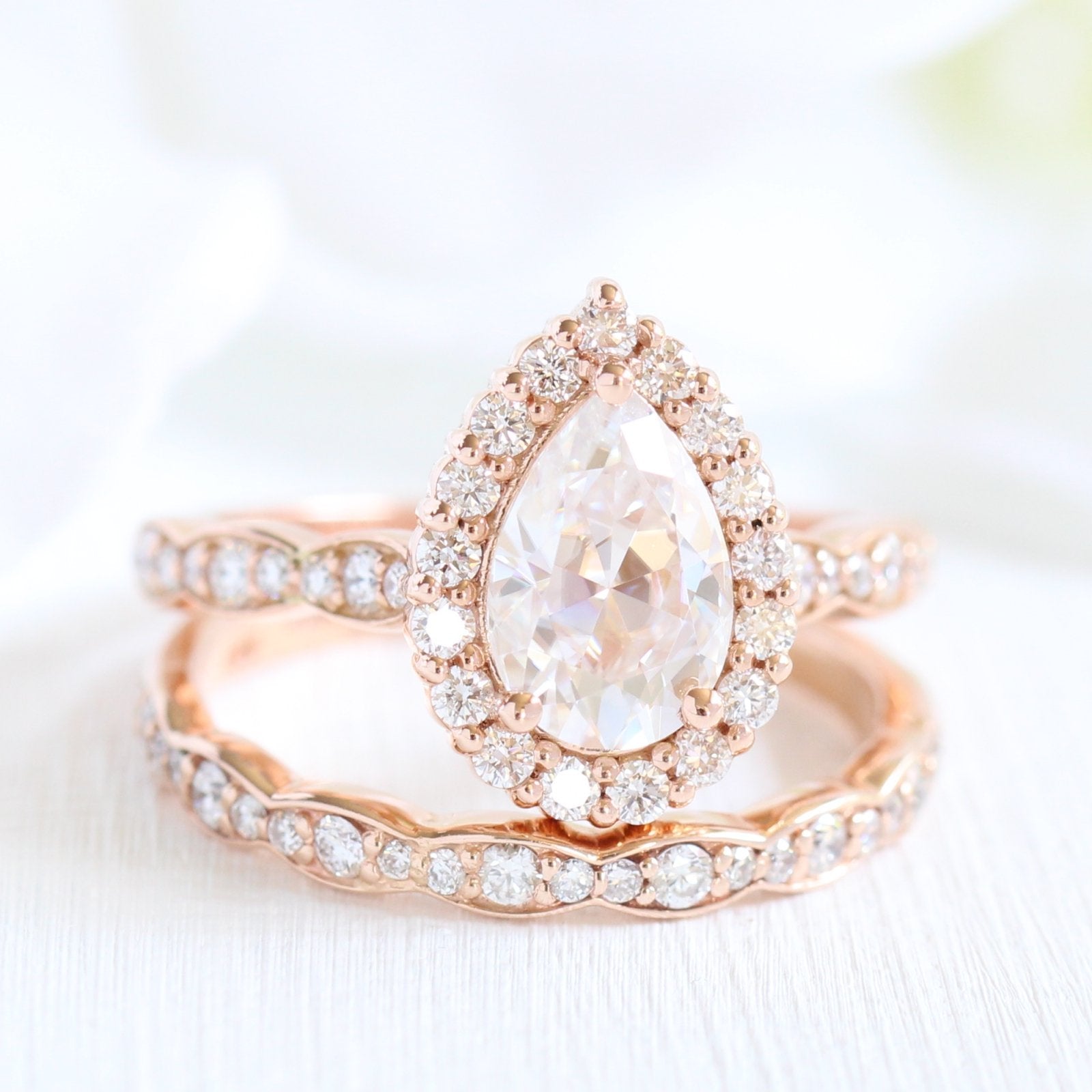 1.50CT Pear Cut Moissanite Halo Bridal Ring Set