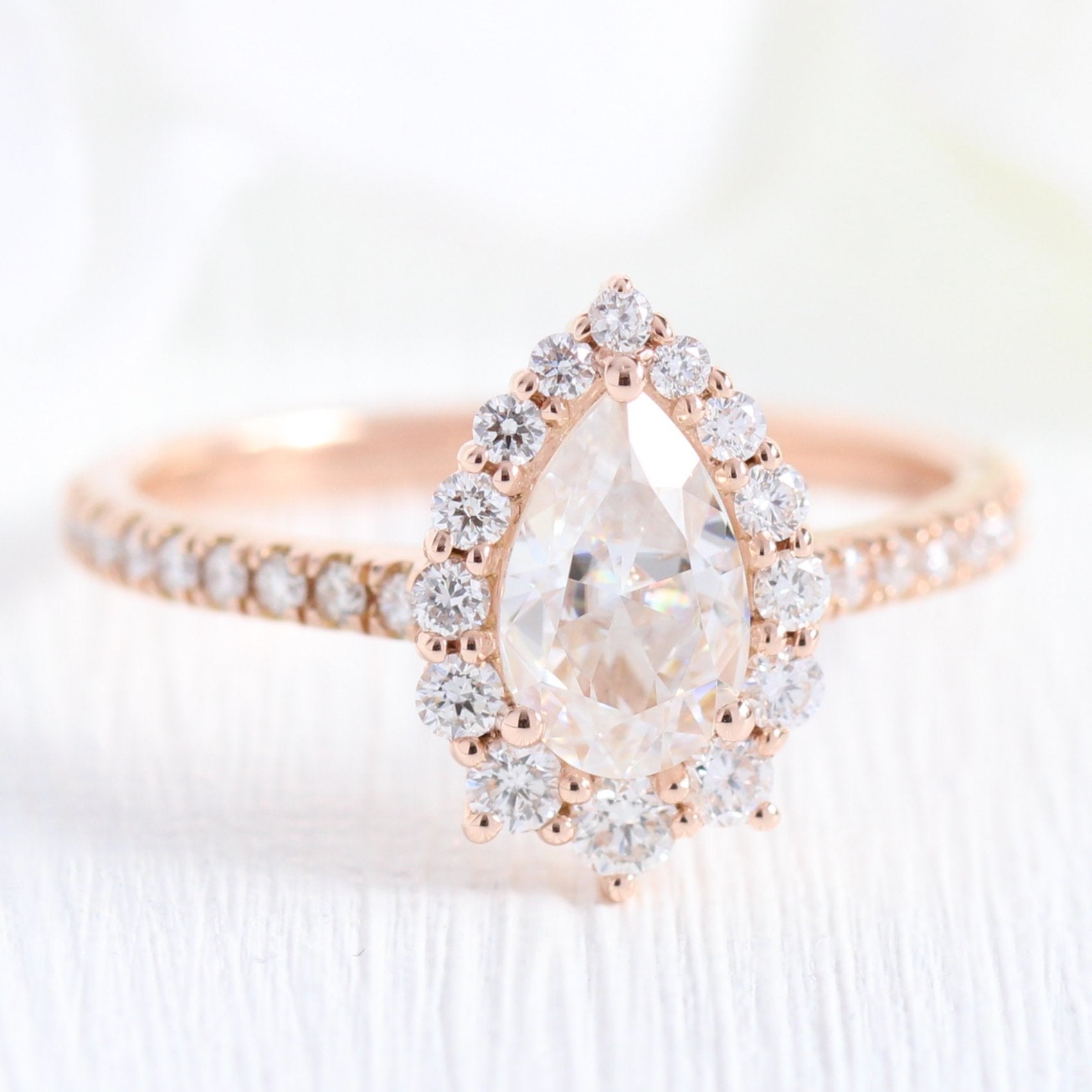 1.0 CT Pear Halo Style Pave Setting Moissanite Engagement Ring