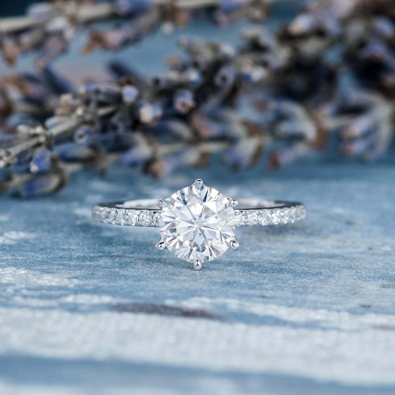 1.0 CT Round Brilliant Cut Pave Style Moissanite Engagement Ring