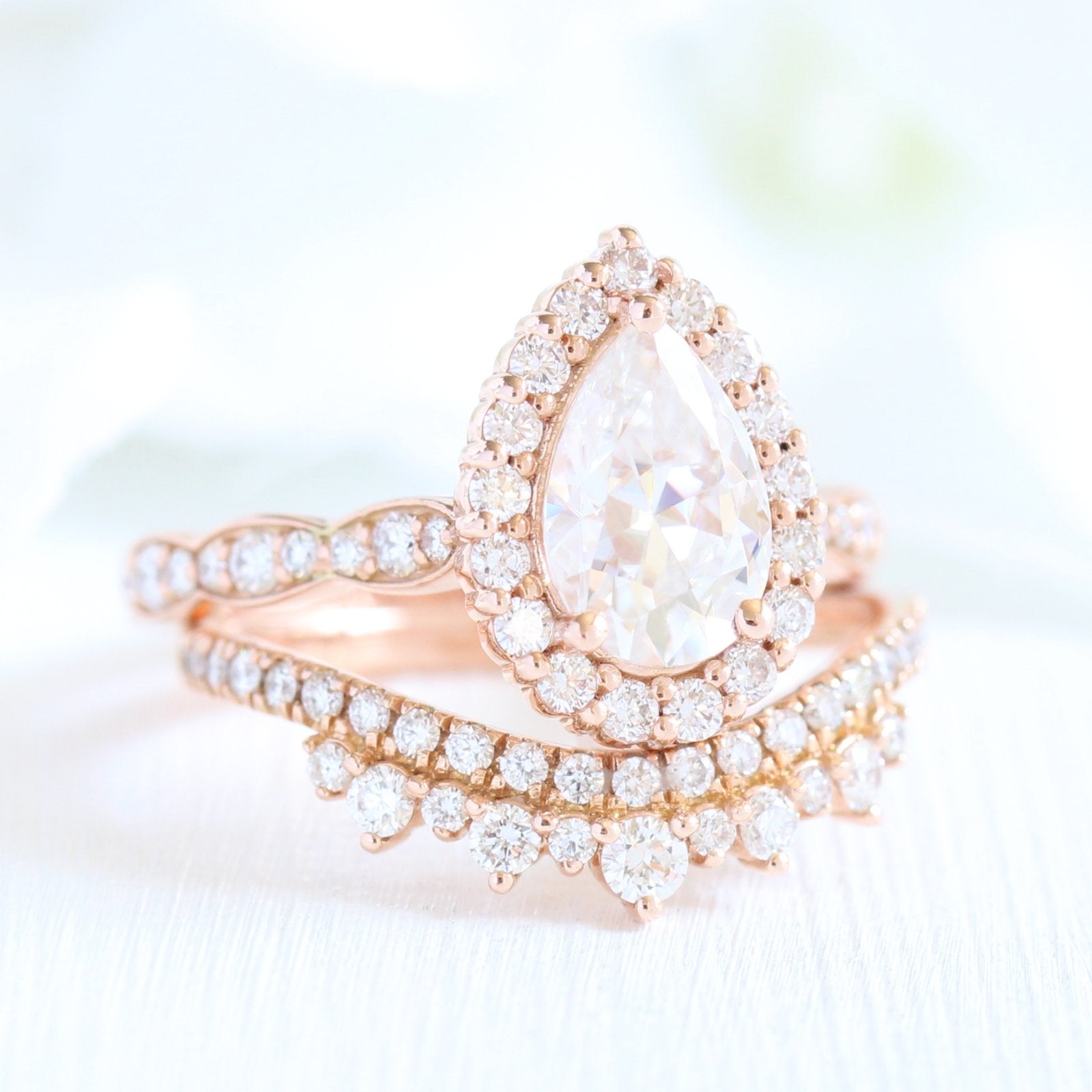 1.50CT Pear Cut Moissanite Halo Bridal Ring Set