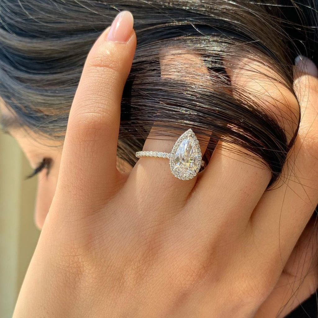 1.50 CT Pear Cut Halo Setting Moissanite Engagement Ring