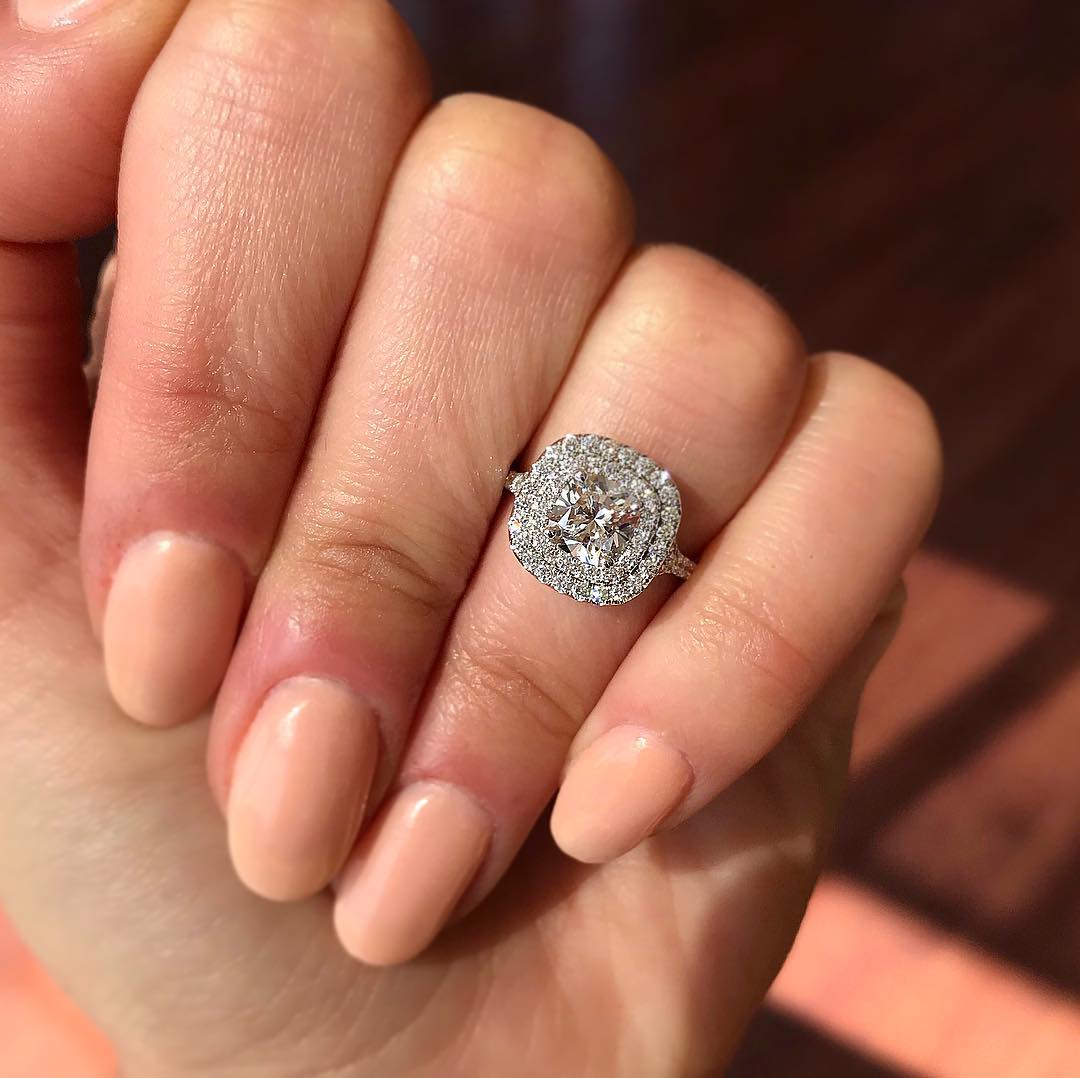 0.95 CT Cushion Cut Double Halo Moissanite Engagement Ring