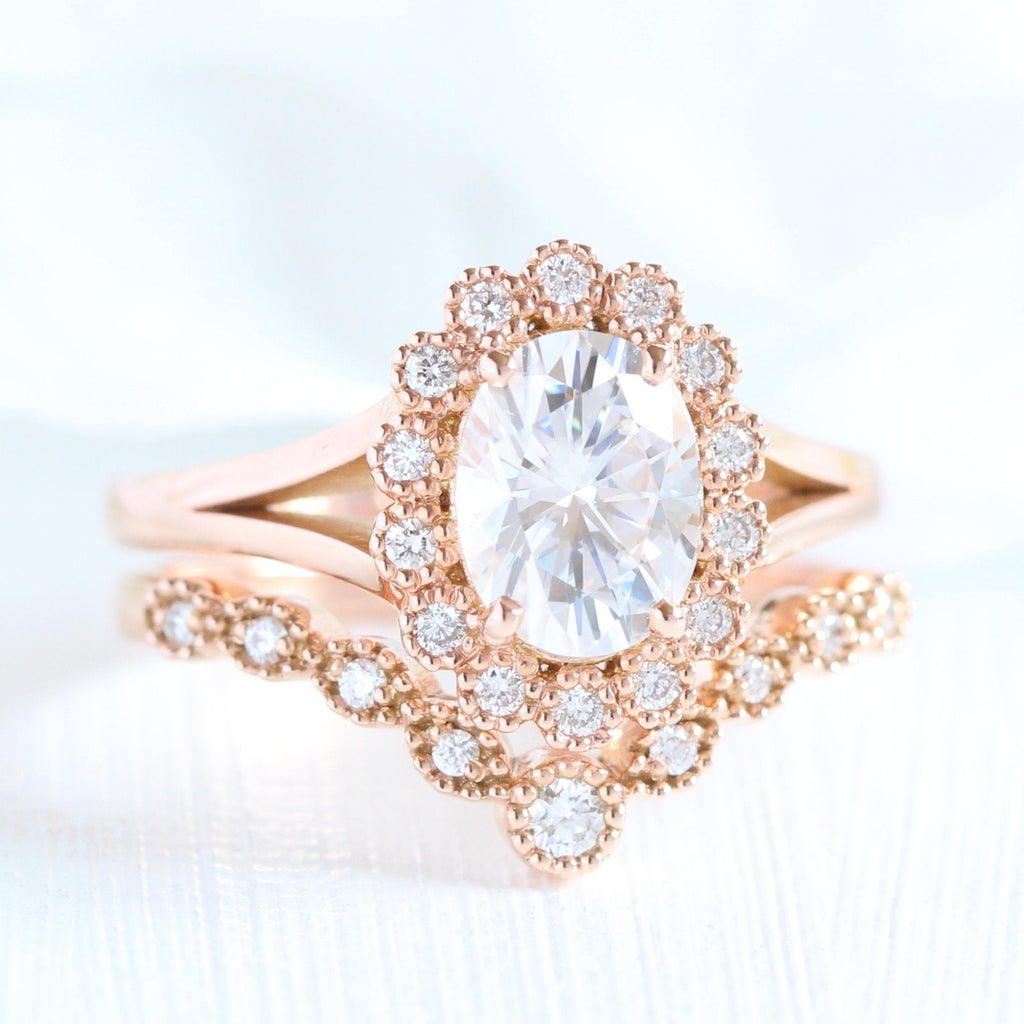 1.50CT Oval Cut Moissanite Halo Bridal Ring Set