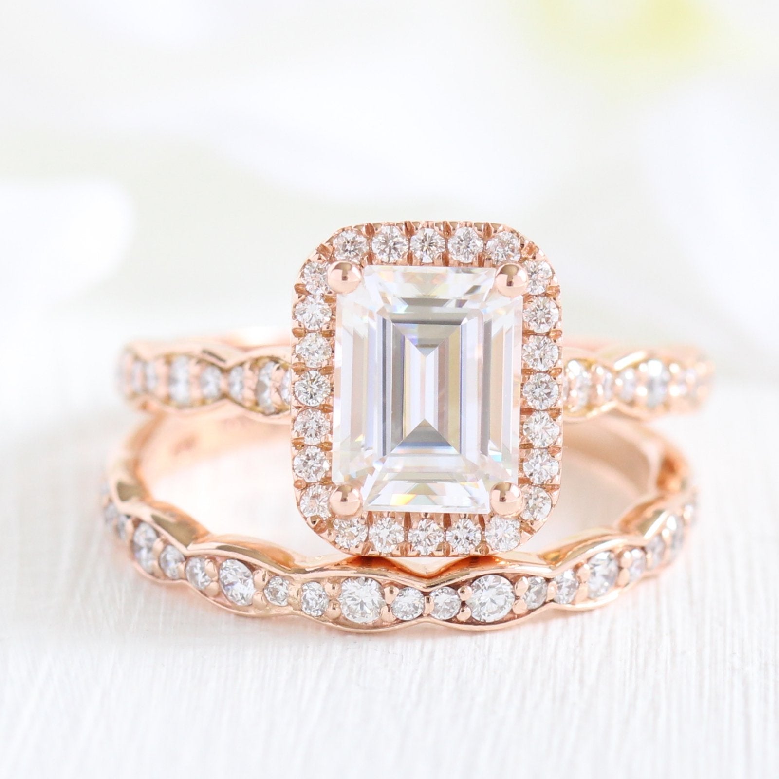 1.60CT Emerald Cut Moissanite Halo Bridal Ring Set