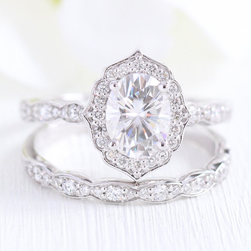 1.50 CT Oval Cut Moissanite Vintage Halo Bridal Ring Set