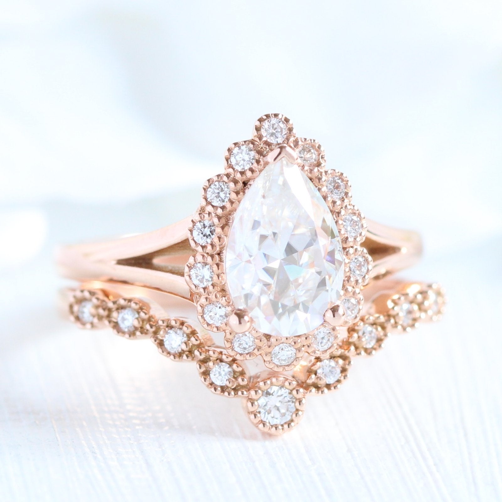 1.50CT Pear Cut Moissanite Halo Bridal Ring Set