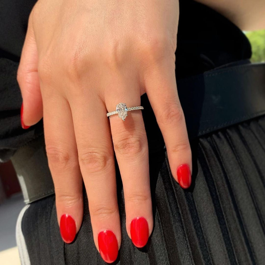 0.94 CT Pear Cut Moissanite Pave Style Engagement Ring