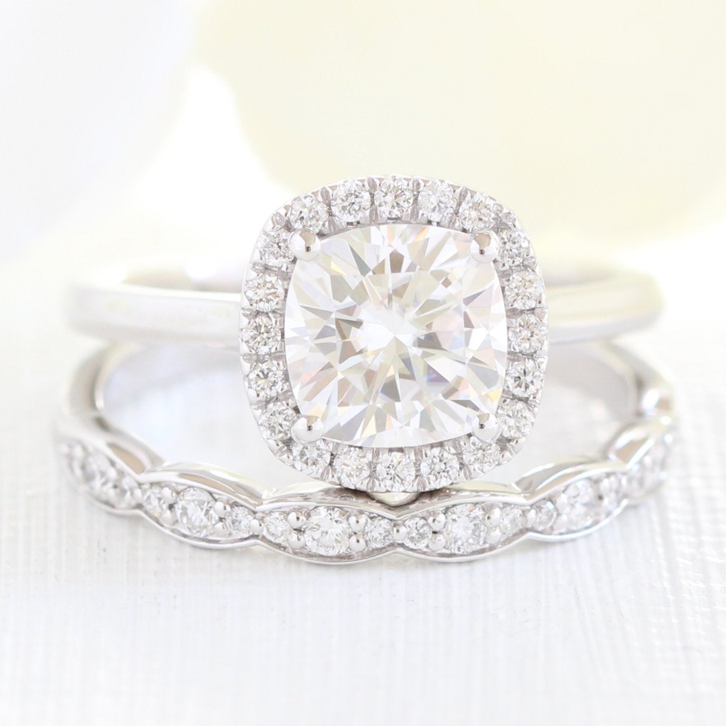 1.65CT Cushion Cut Moissanite Halo Bridal Ring Set Main image