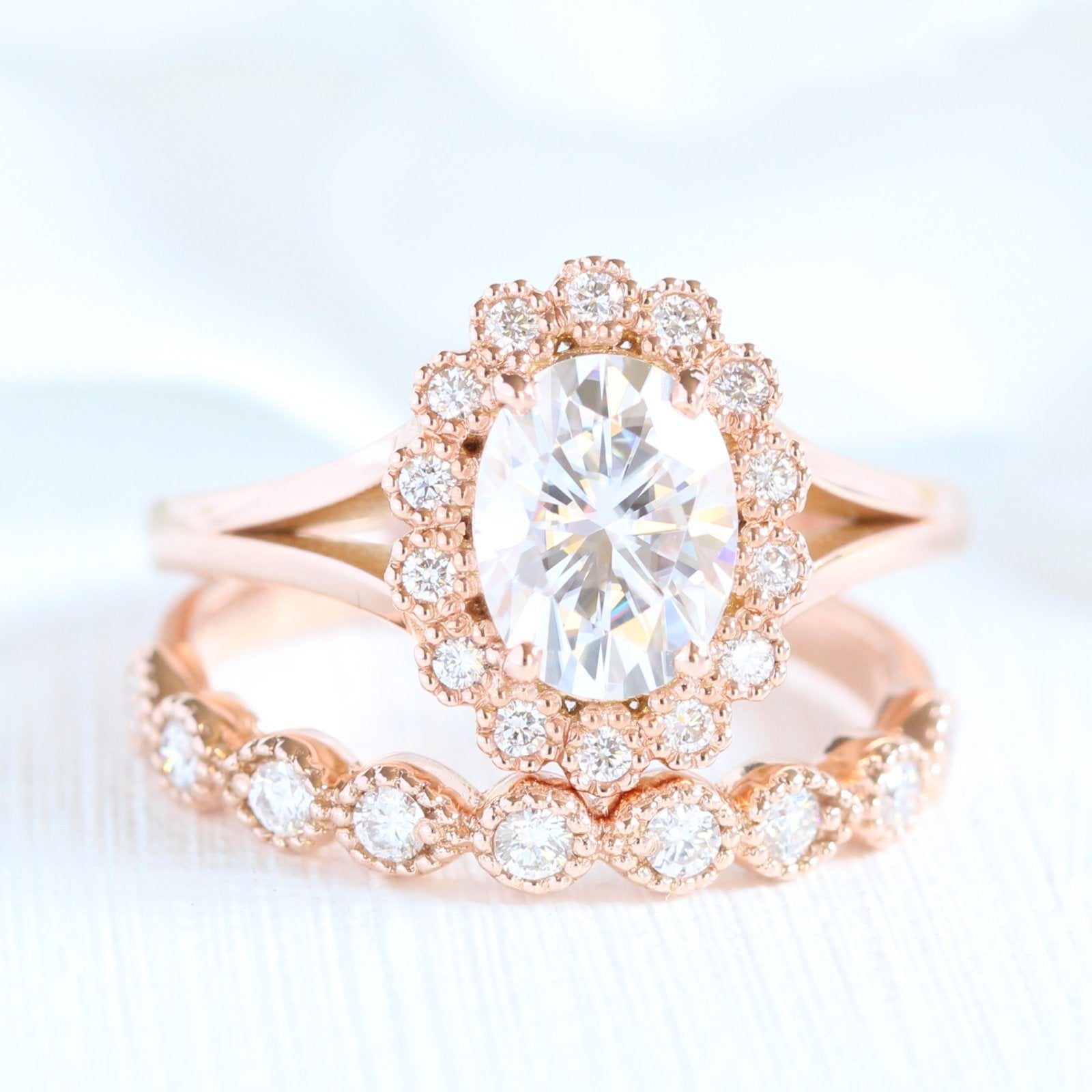 1.50CT Oval Cut Moissanite Halo Bridal Ring Set