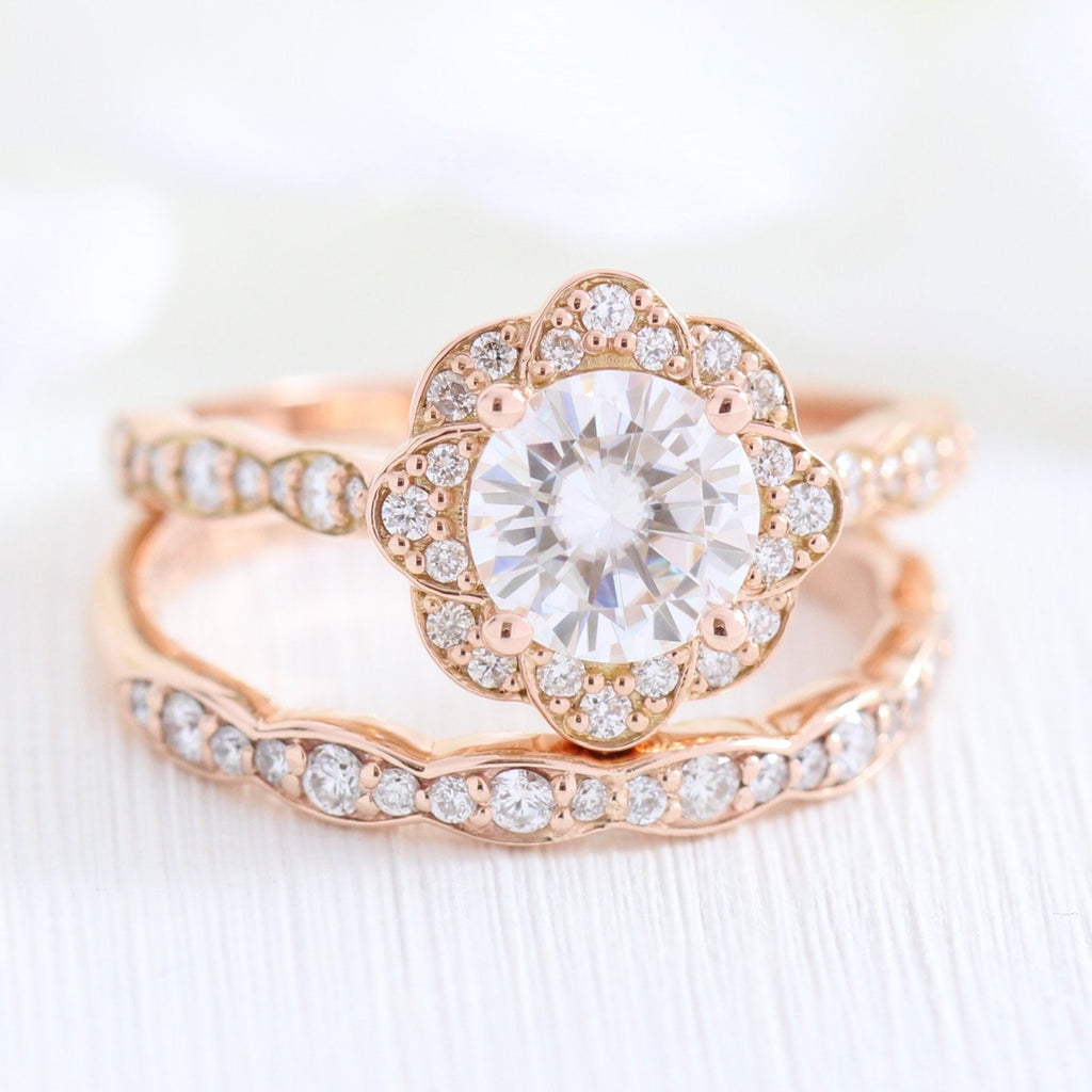 1.0CT Round Cut Moissanite Vintage Halo Bridal Ring Set