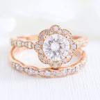 1.0CT Round Cut Moissanite Vintage Halo Bridal Ring Set
