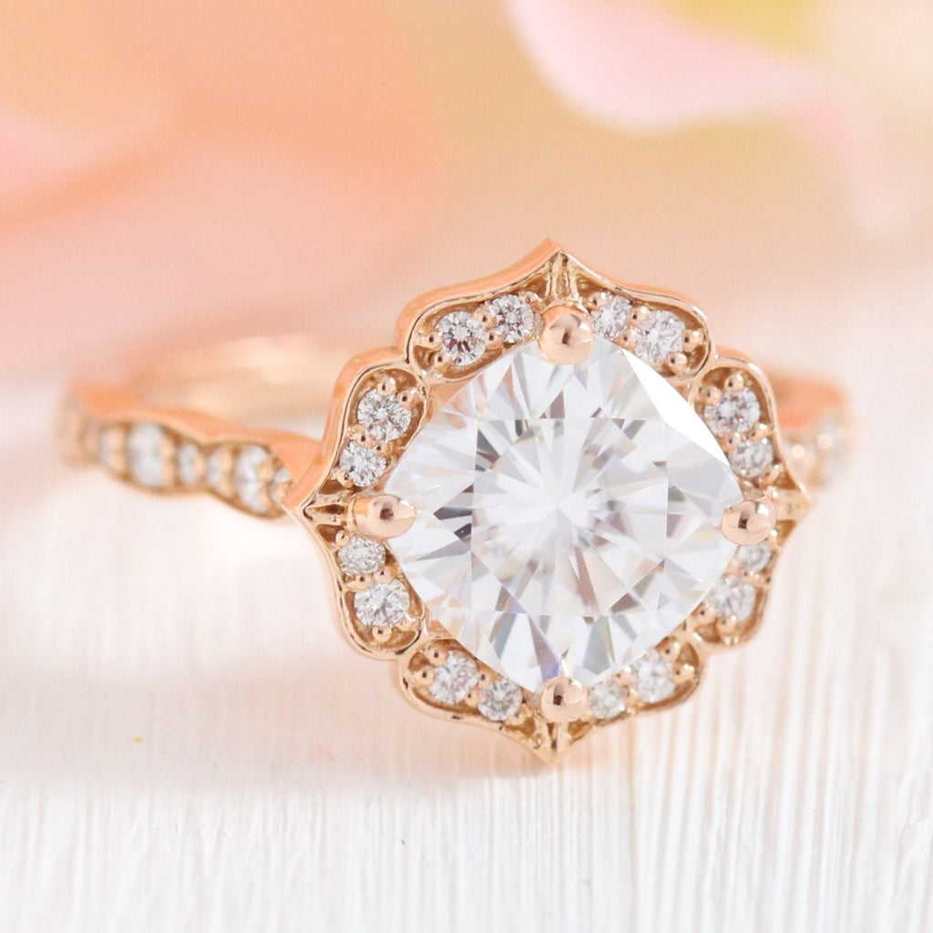2.30 CT Cushion Moissanite Vintage Halo Engagement Ring
