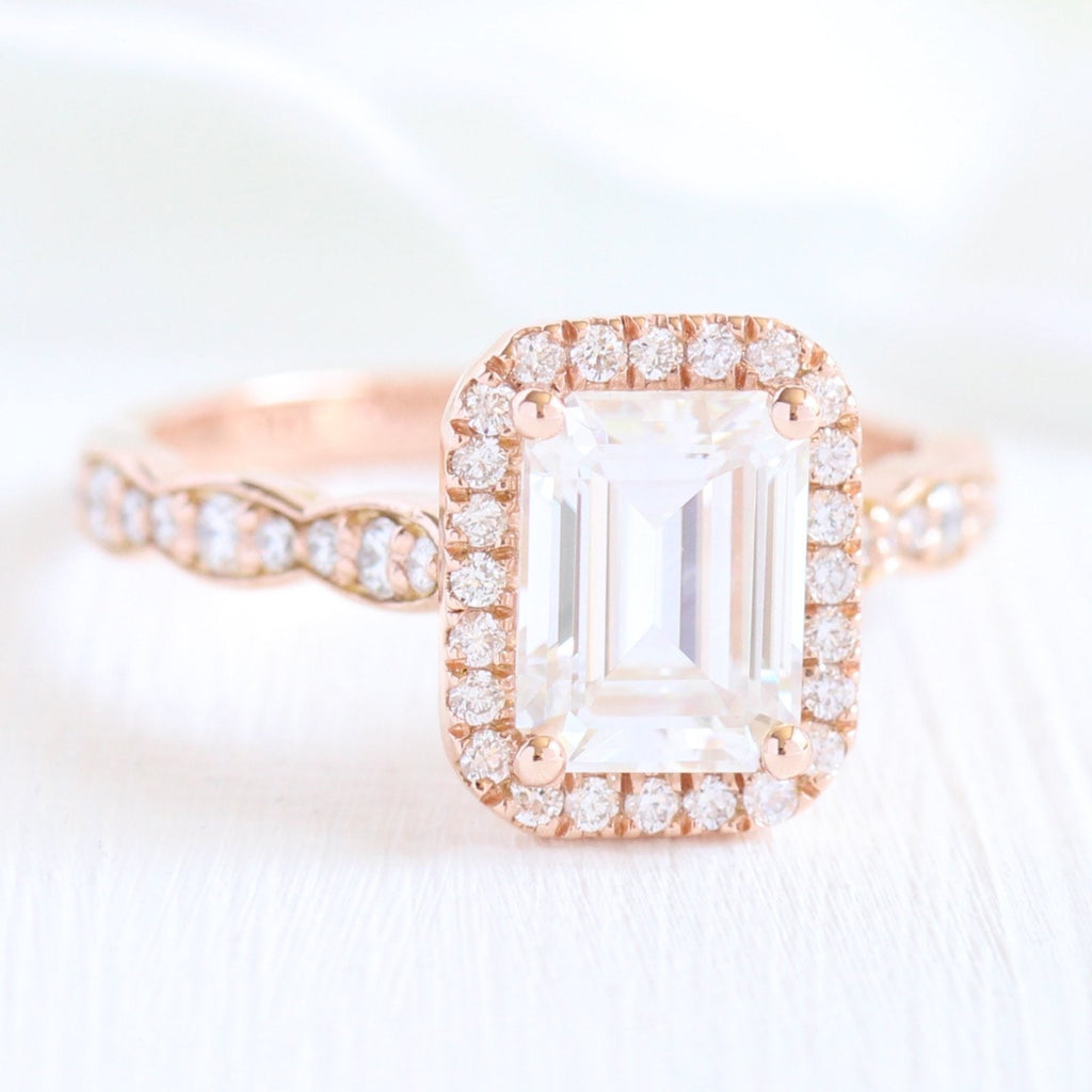 1.60 CT Emerald Cut Moissanite Halo Engagement Ring