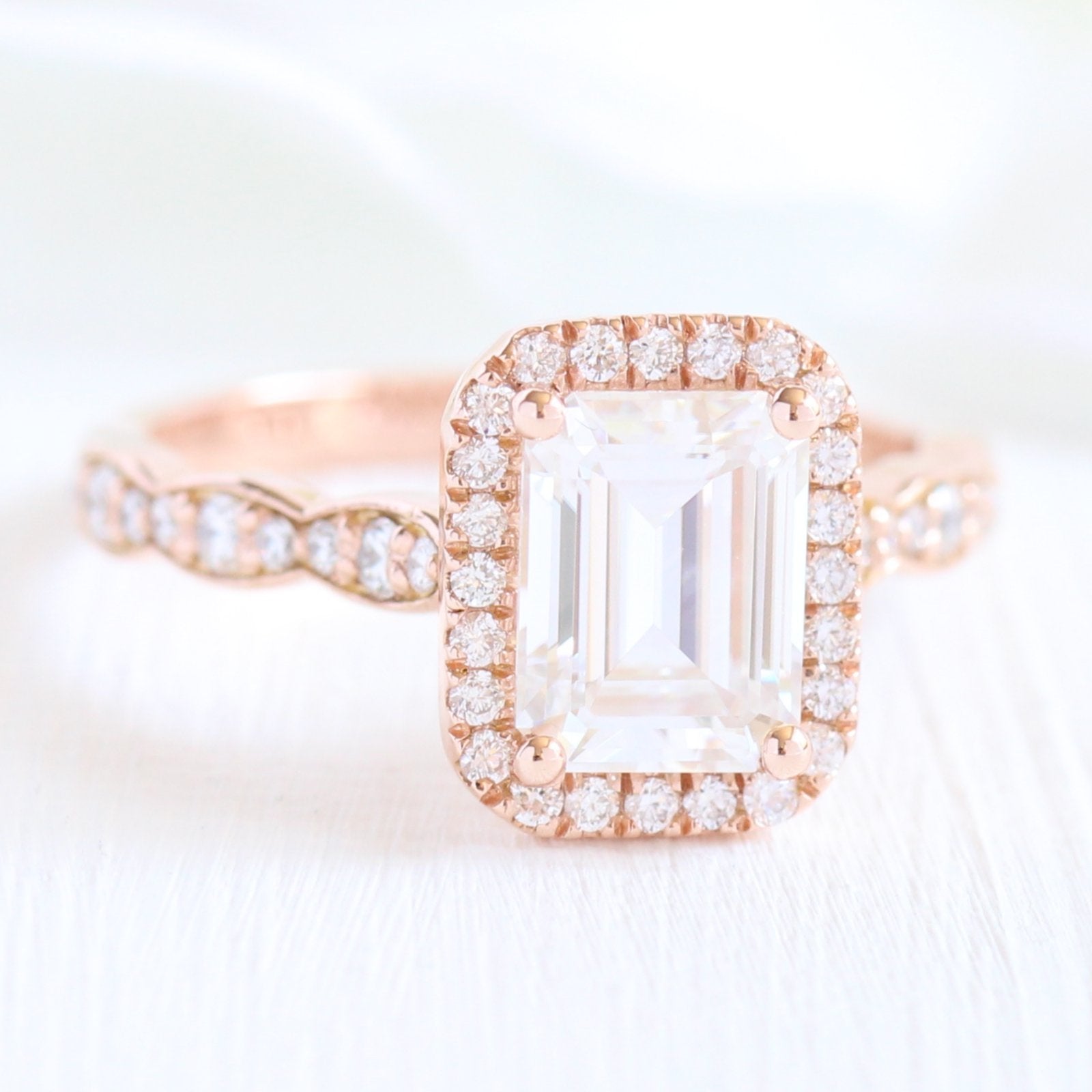 1.60 CT Emerald Cut Moissanite Halo Engagement Ring
