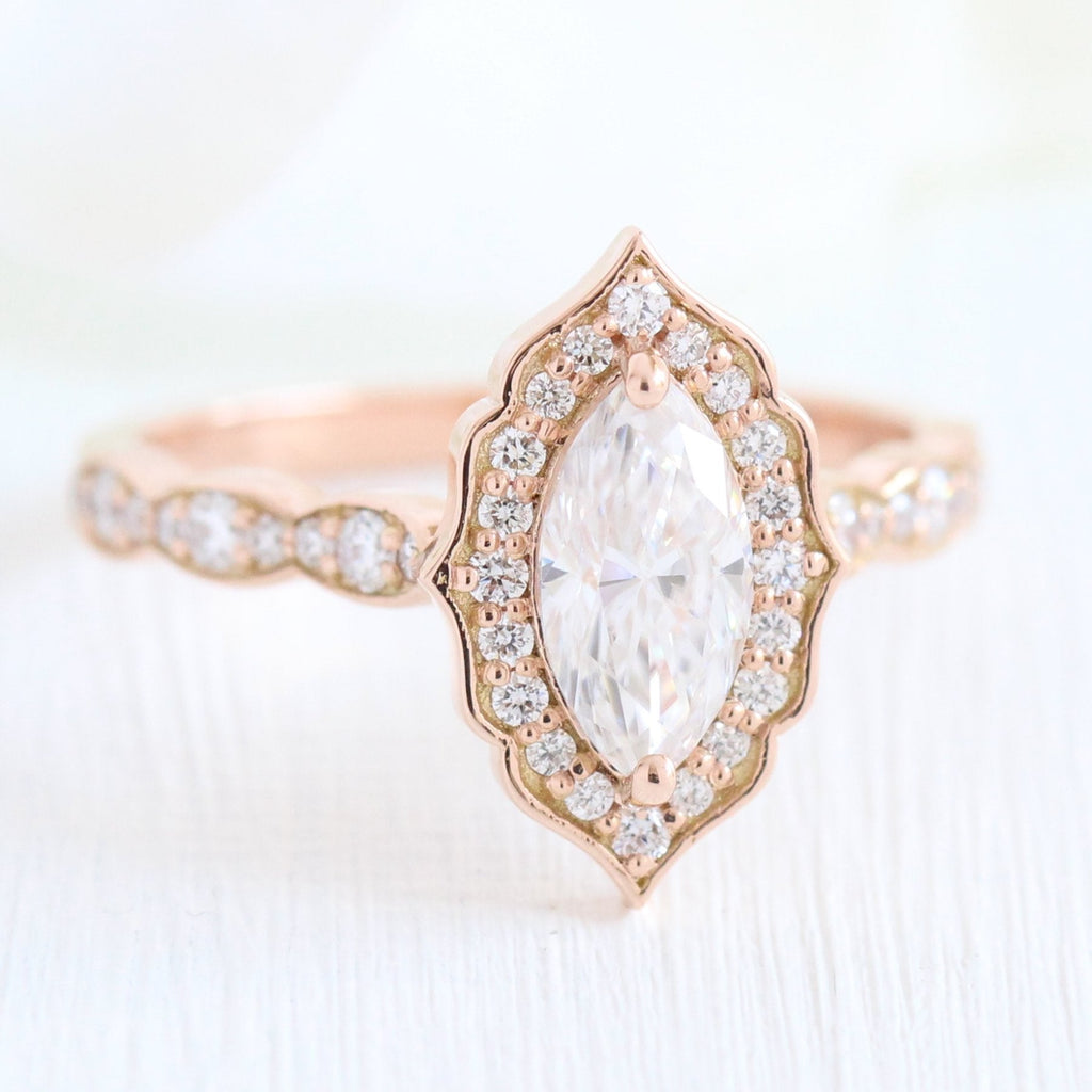 1.0 CT Vintage Floral Marquis Cut Diamond Moissanite Halo Engagement Ring