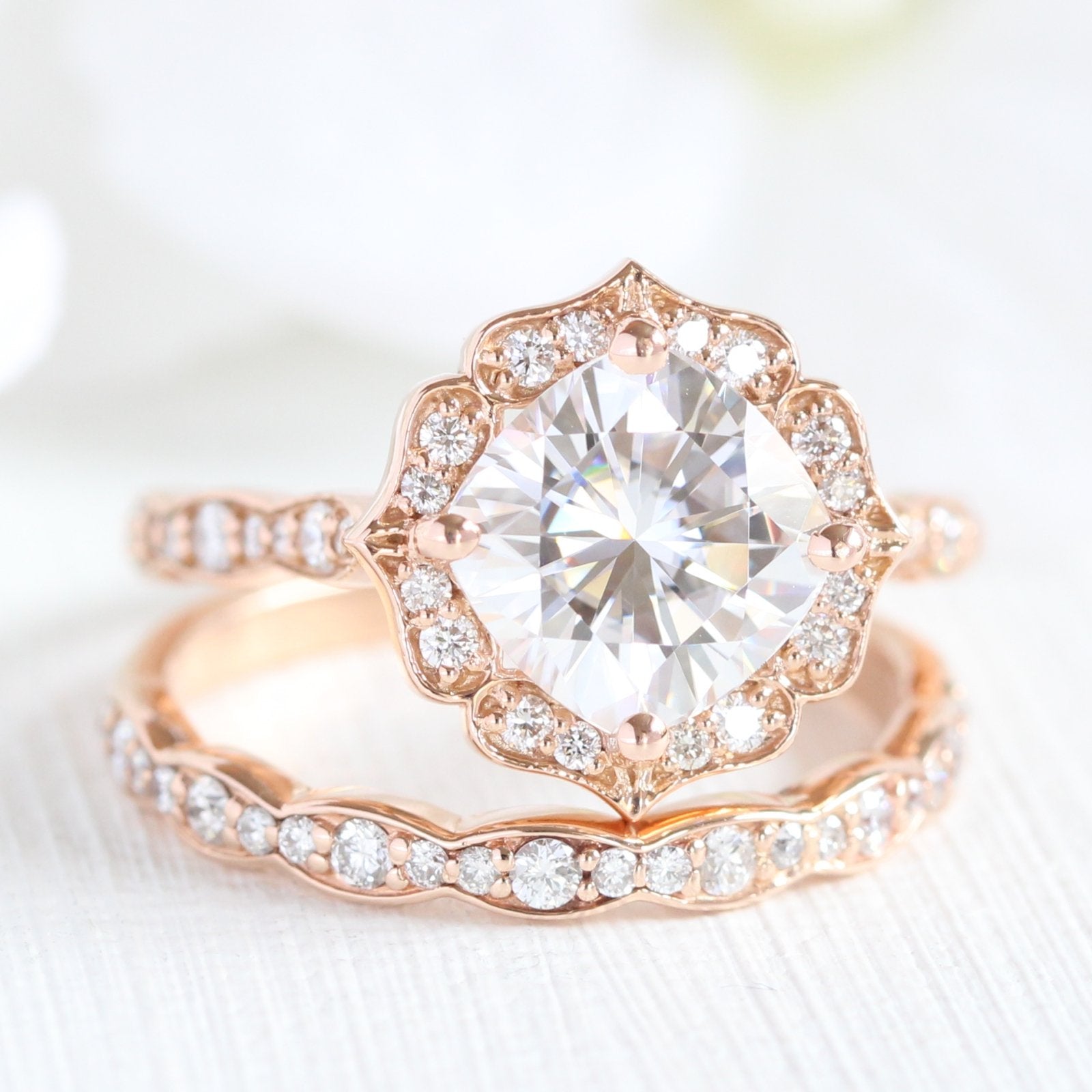 2.30 CT Cushion Moissanite Vintage Halo Bridal Ring Set